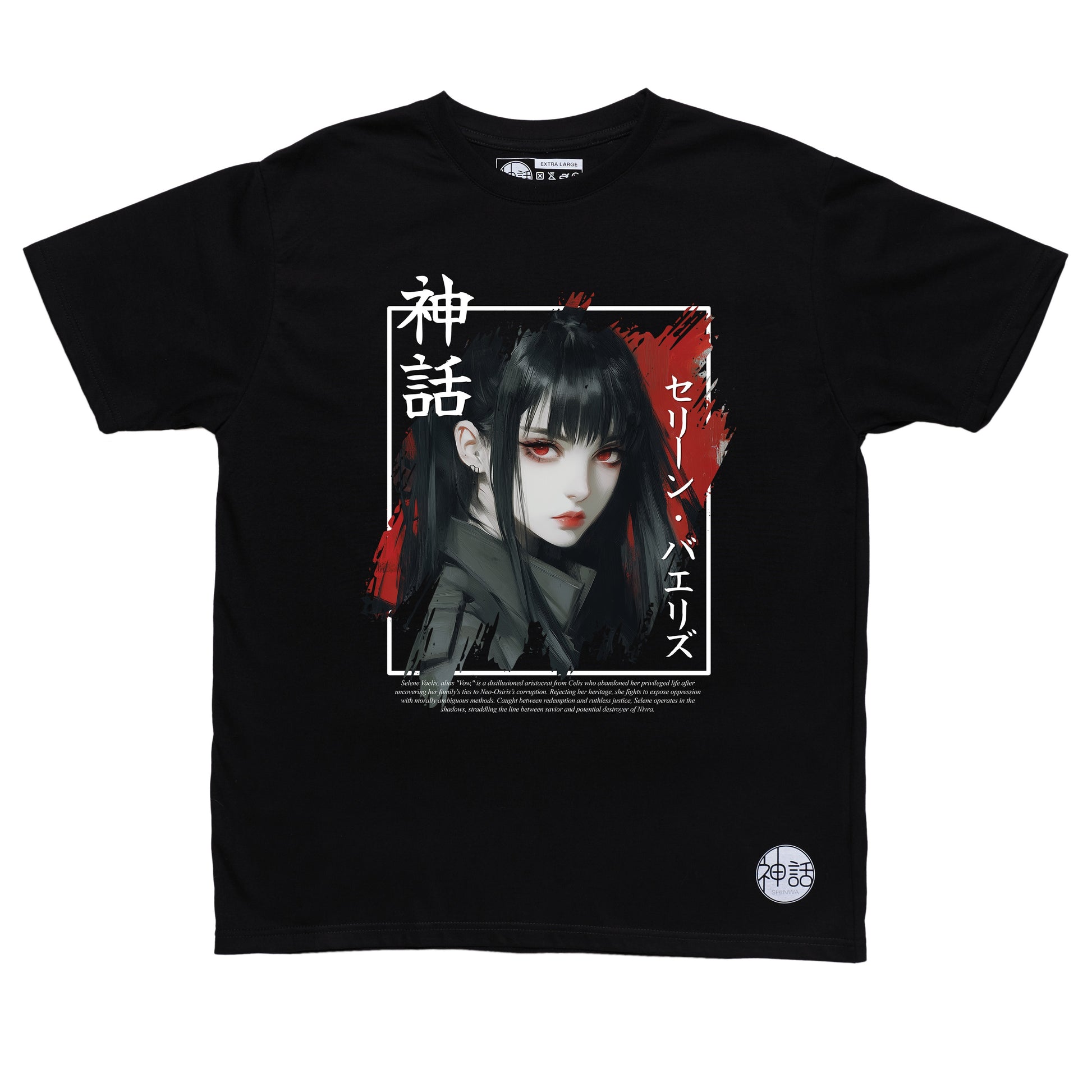 black-haired, red-eyed anime girl in black t-shirt by shinwa, streetwear brand from the Philippines