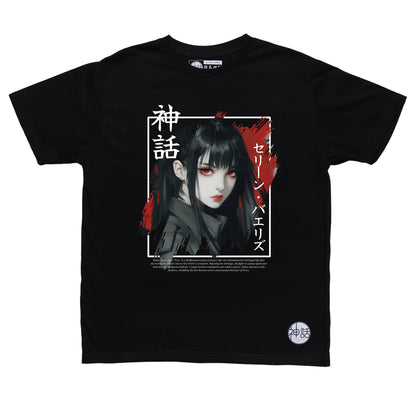 black-haired, red-eyed anime girl in black t-shirt by shinwa, streetwear brand from the Philippines