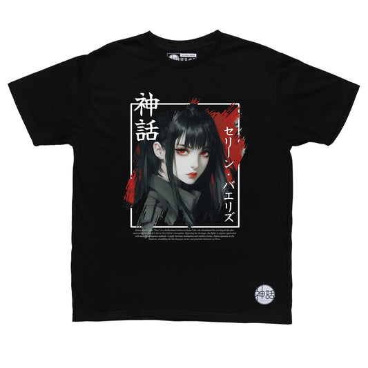 black-haired, red-eyed anime girl in black t-shirt by shinwa, streetwear brand from the Philippines