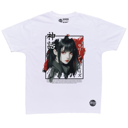 black-haired, red-eyed anime girl in white t-shirt by shinwa, streetwear brand from the Philippines