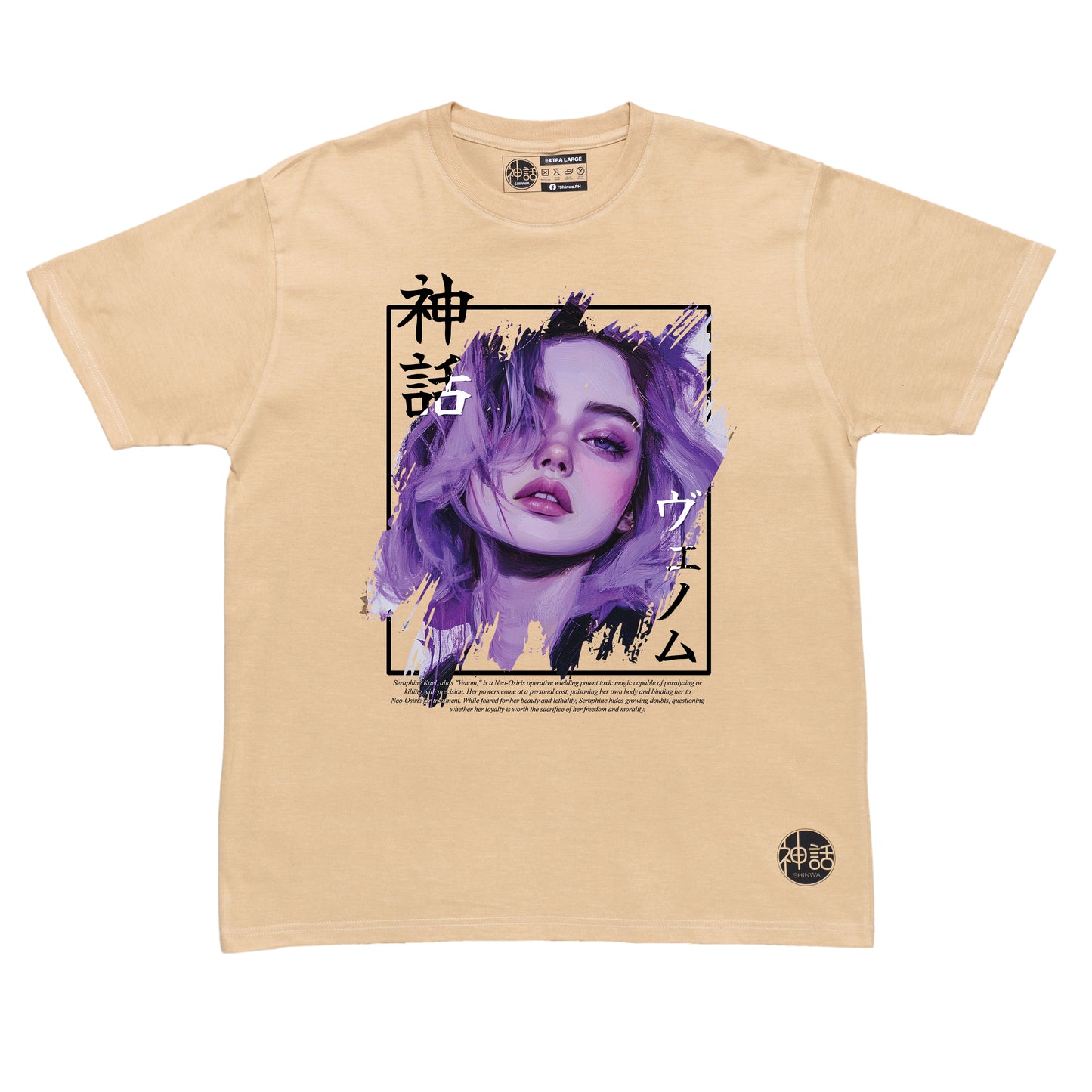 purple-haired, purple-eyed anime girl in beige t-shirt by Shinwa, streetwear brand from the Philippines