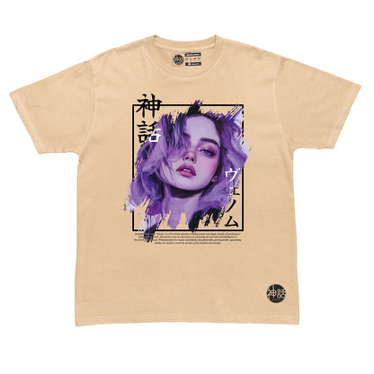 purple-haired, purple-eyed anime girl in beige t-shirt by Shinwa, streetwear brand from the Philippines