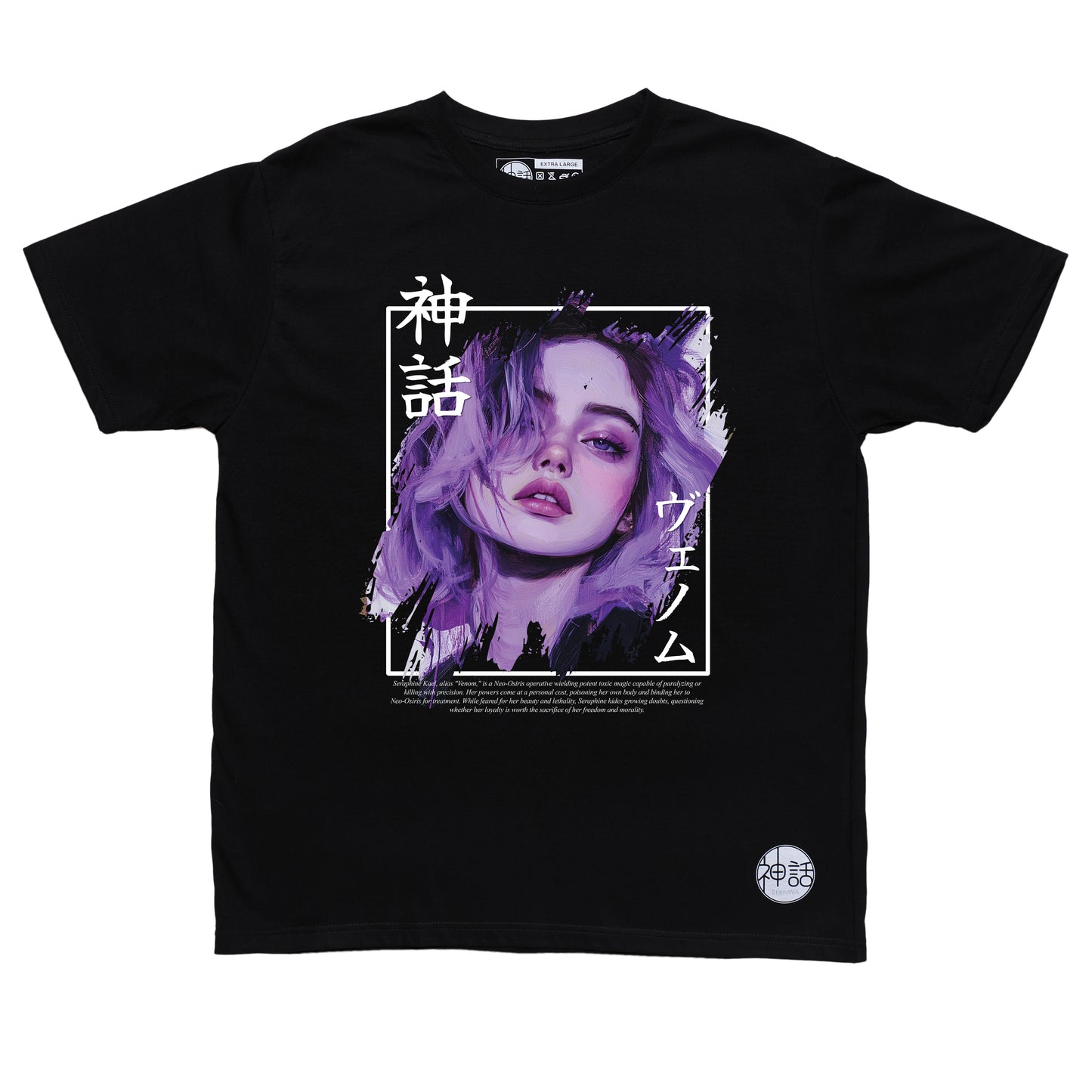purple-haired, purple-eyed anime girl in black t-shirt by Shinwa, streetwear brand from the Philippines
