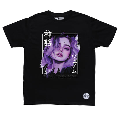 purple-haired, purple-eyed anime girl in black t-shirt by Shinwa, streetwear brand from the Philippines
