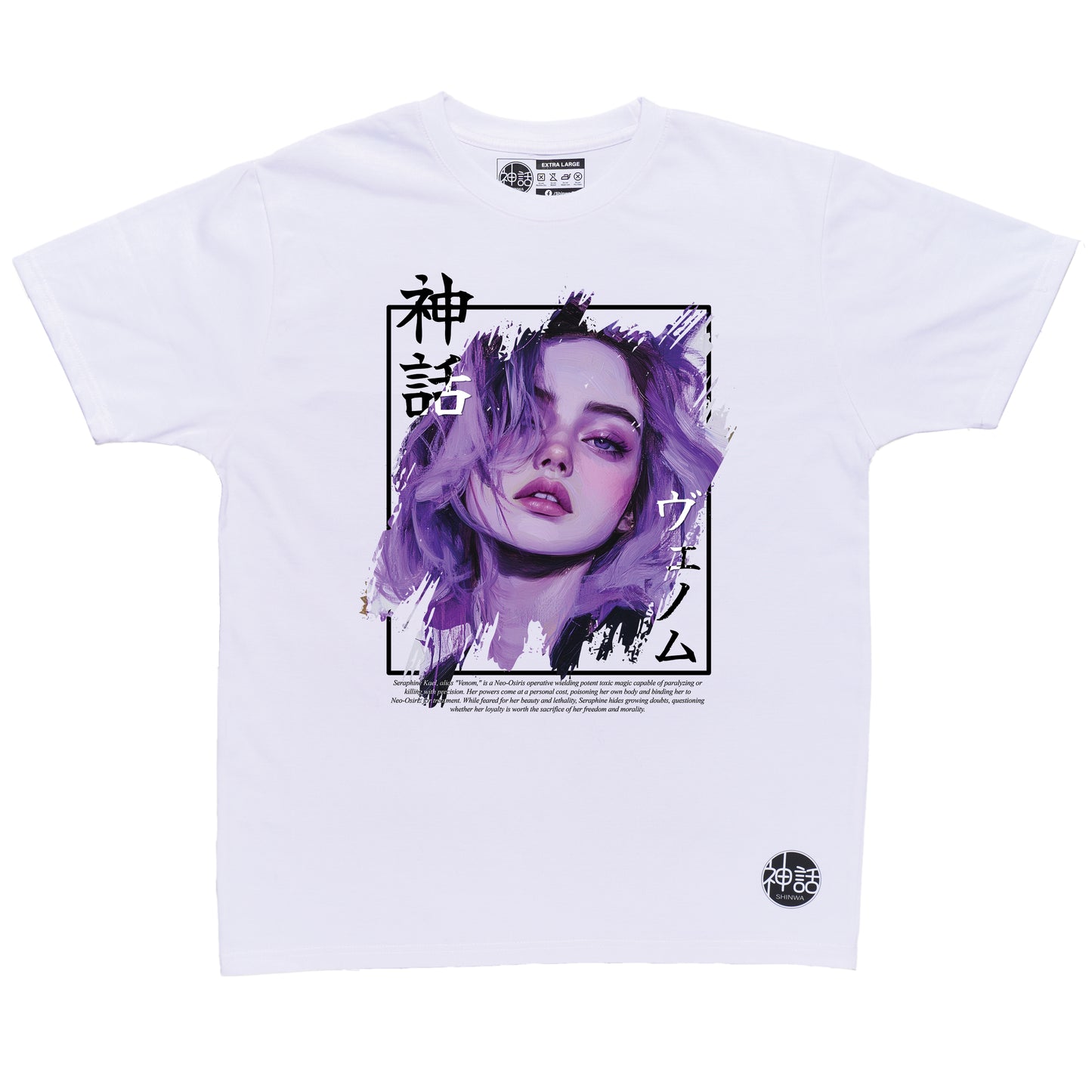 purple-haired, purple-eyed anime girl in white t-shirt by Shinwa, streetwear brand from the Philippines