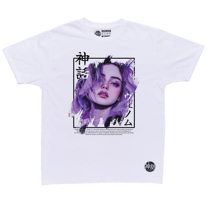 purple-haired, purple-eyed anime girl in white t-shirt by Shinwa, streetwear brand from the Philippines