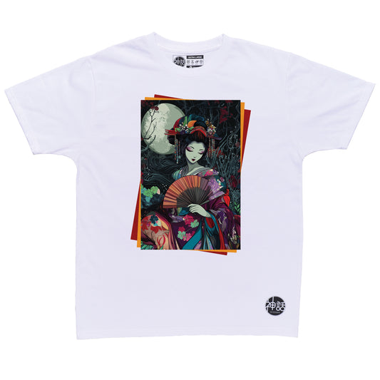 colorful geisha against the night sky on white t-shirt by Shinwa, streetwear brand from the Philippines