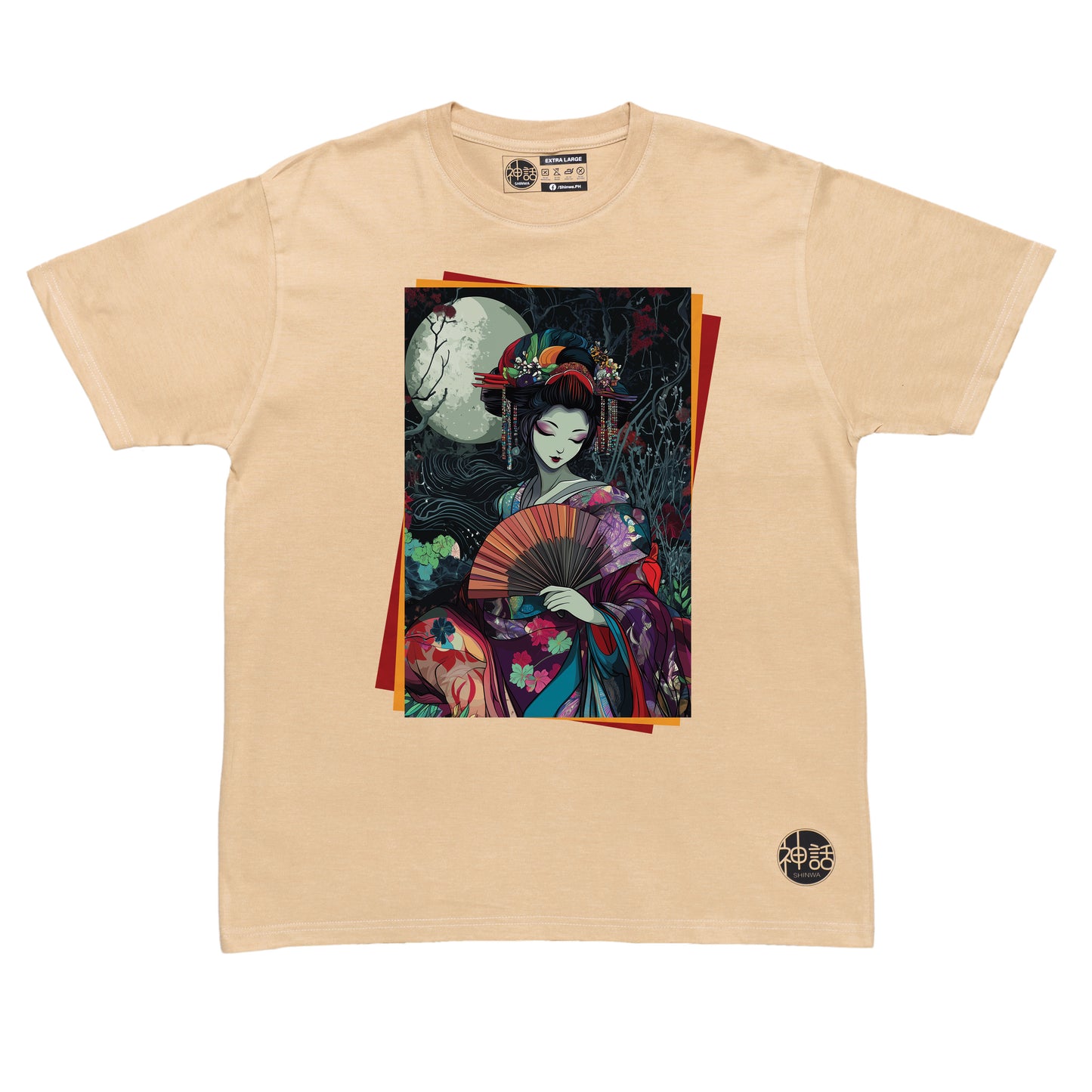 colorful geisha against the night sky on beige t-shirt by Shinwa, streetwear brand from the Philippines