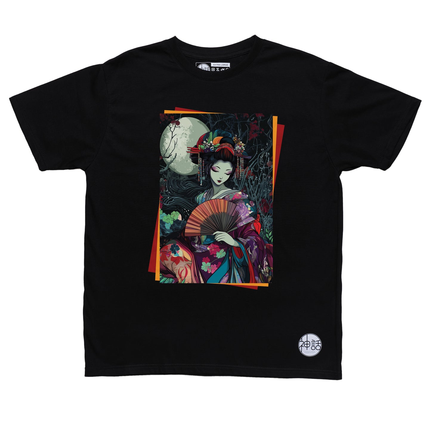 colorful geisha against the night sky on black t-shirt by Shinwa, streetwear brand from the Philippines