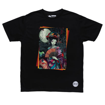 colorful geisha against the night sky on black t-shirt by Shinwa, streetwear brand from the Philippines