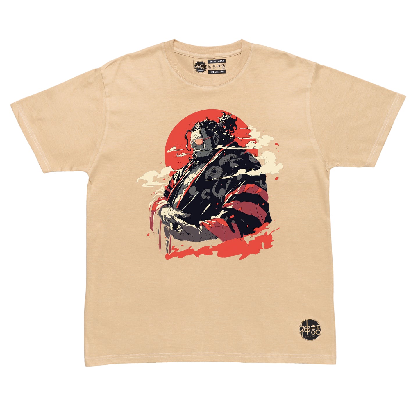 anime man in kimono and sunglasses looking away against red sun with clouds on beige t-shirt by Shinwa, streetwear brand from the Philippines
