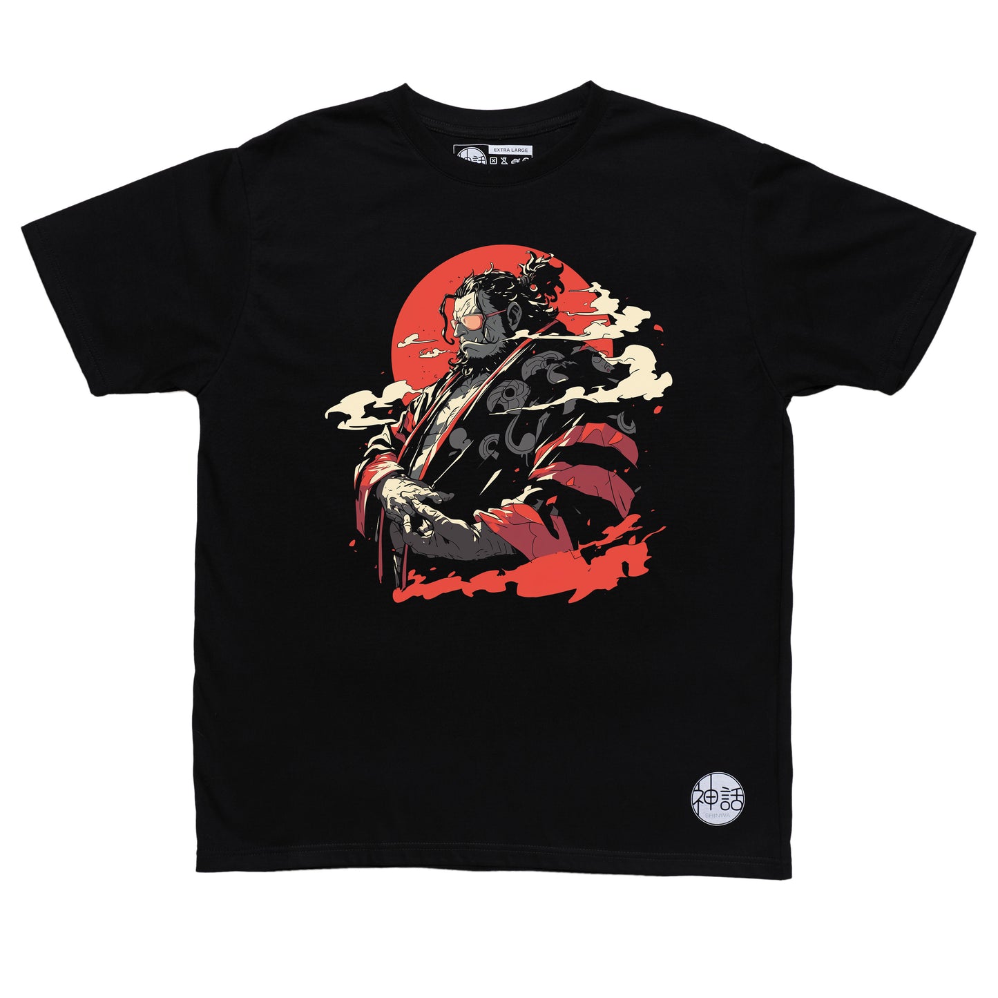 anime man in kimono and sunglasses looking away against red sun with clouds on black t-shirt by Shinwa, streetwear brand from the Philippines