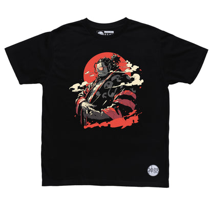 anime man in kimono and sunglasses looking away against red sun with clouds on black t-shirt by Shinwa, streetwear brand from the Philippines
