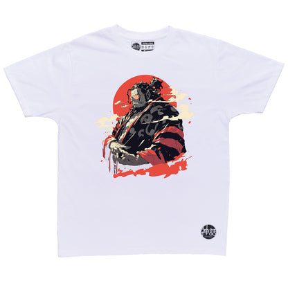 anime man in kimono and sunglasses looking away against red sun with clouds on white t-shirt by Shinwa, streetwear brand from the Philippines