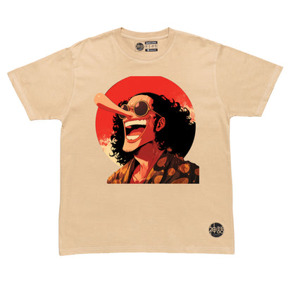 stylized anime character with long nose and curly hair in vacation shirt smiling against red sun on beige t-shirt by Shinwa, streetwear brand from the Philippines