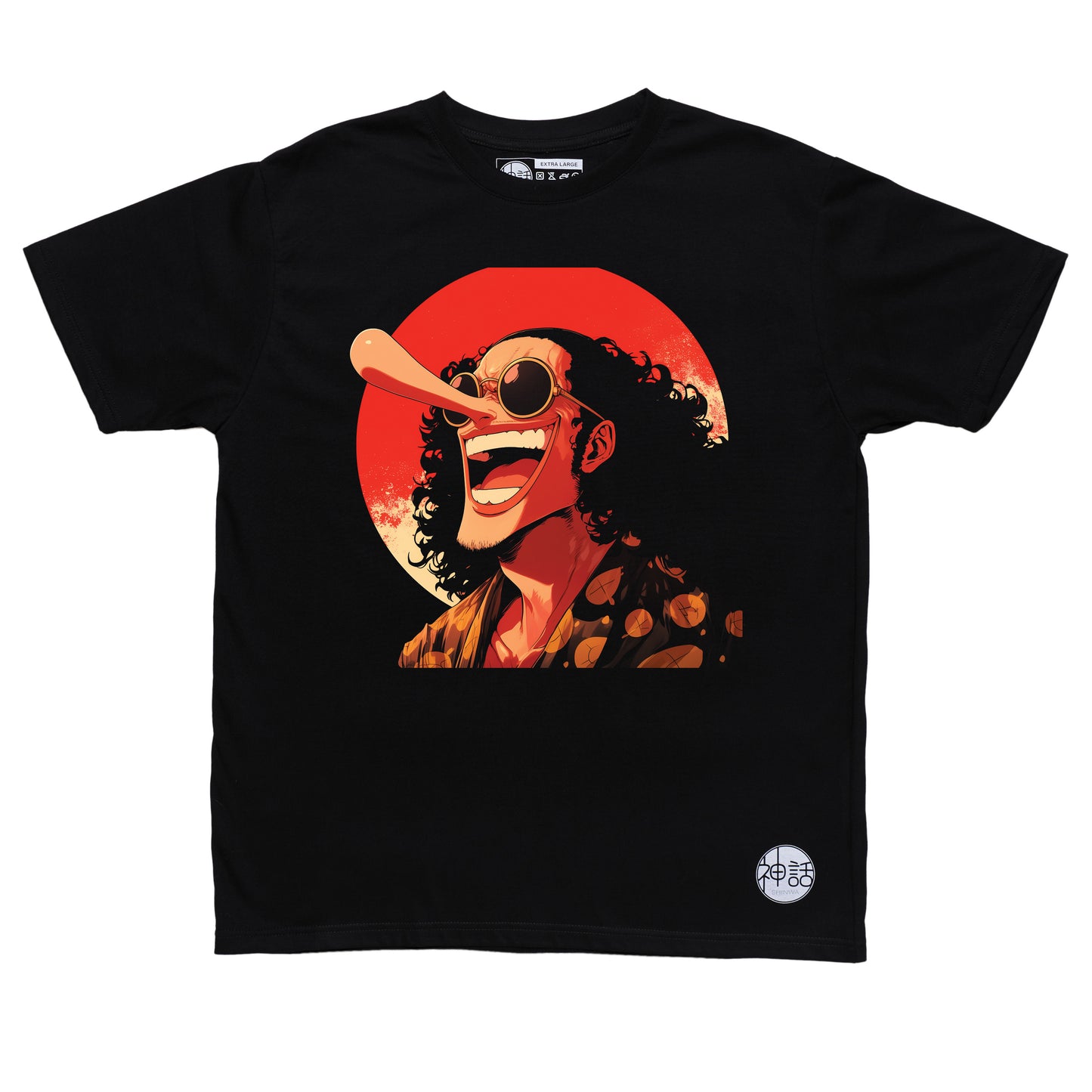 stylized anime character with long nose and curly hair in vacation shirt smiling against red sun on black t-shirt by Shinwa, streetwear brand from the Philippines