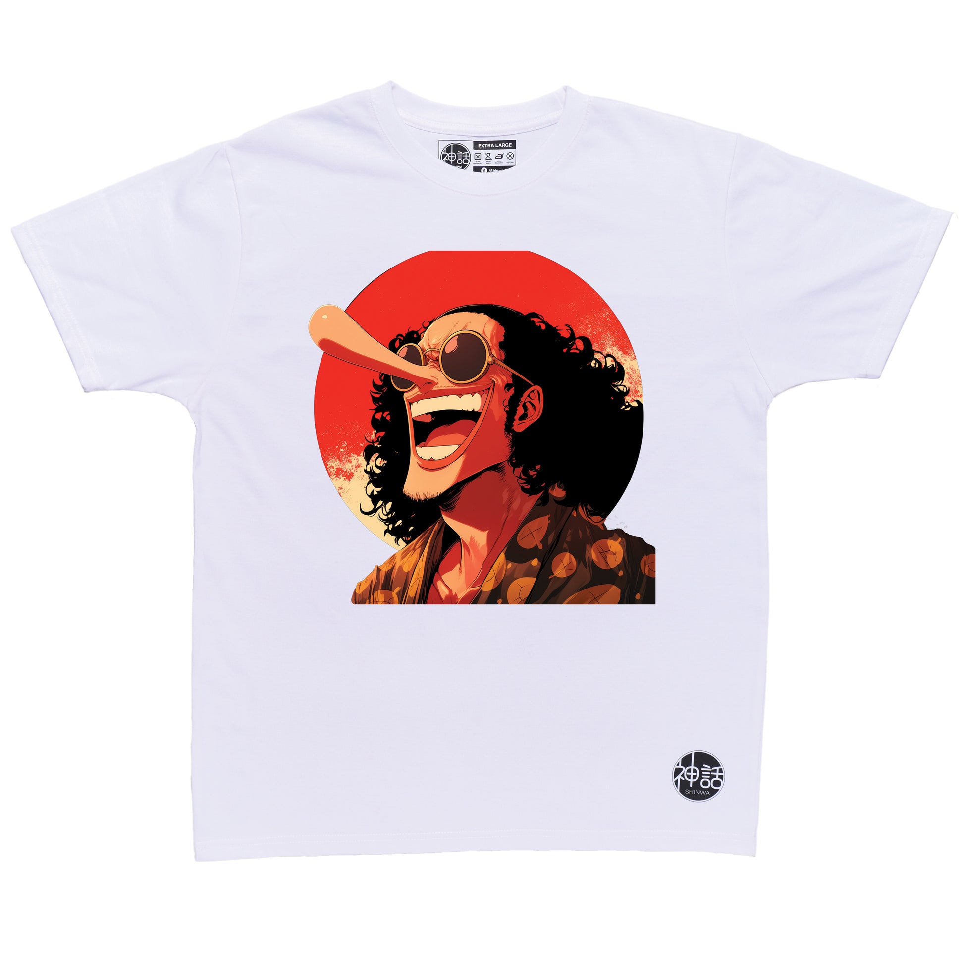 stylized anime character with long nose and curly hair in vacation shirt smiling against red sun on white t-shirt by Shinwa, streetwear brand from the Philippines