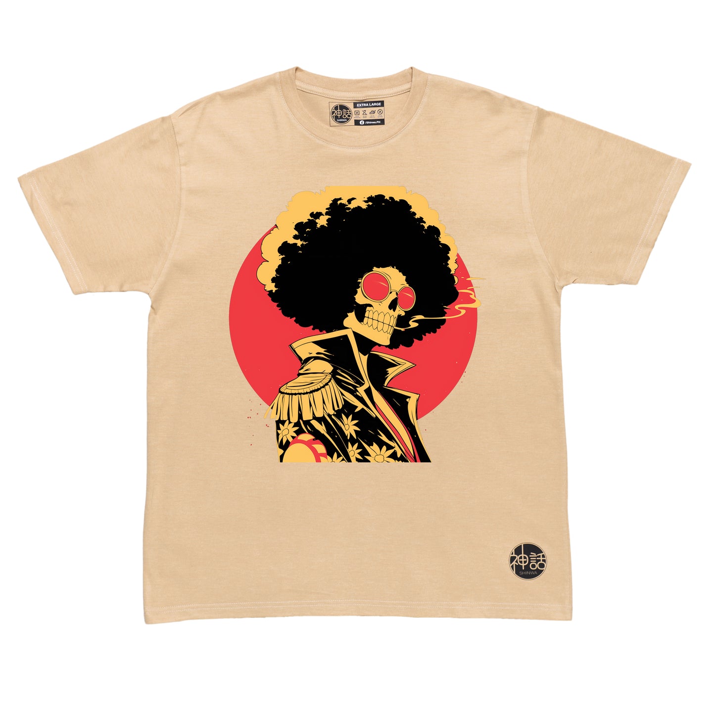 anime skeleton with afro in elvis costume and sunglasses against red sun on beige t-shirt by Shinwa, streetwear brand from the Philippines