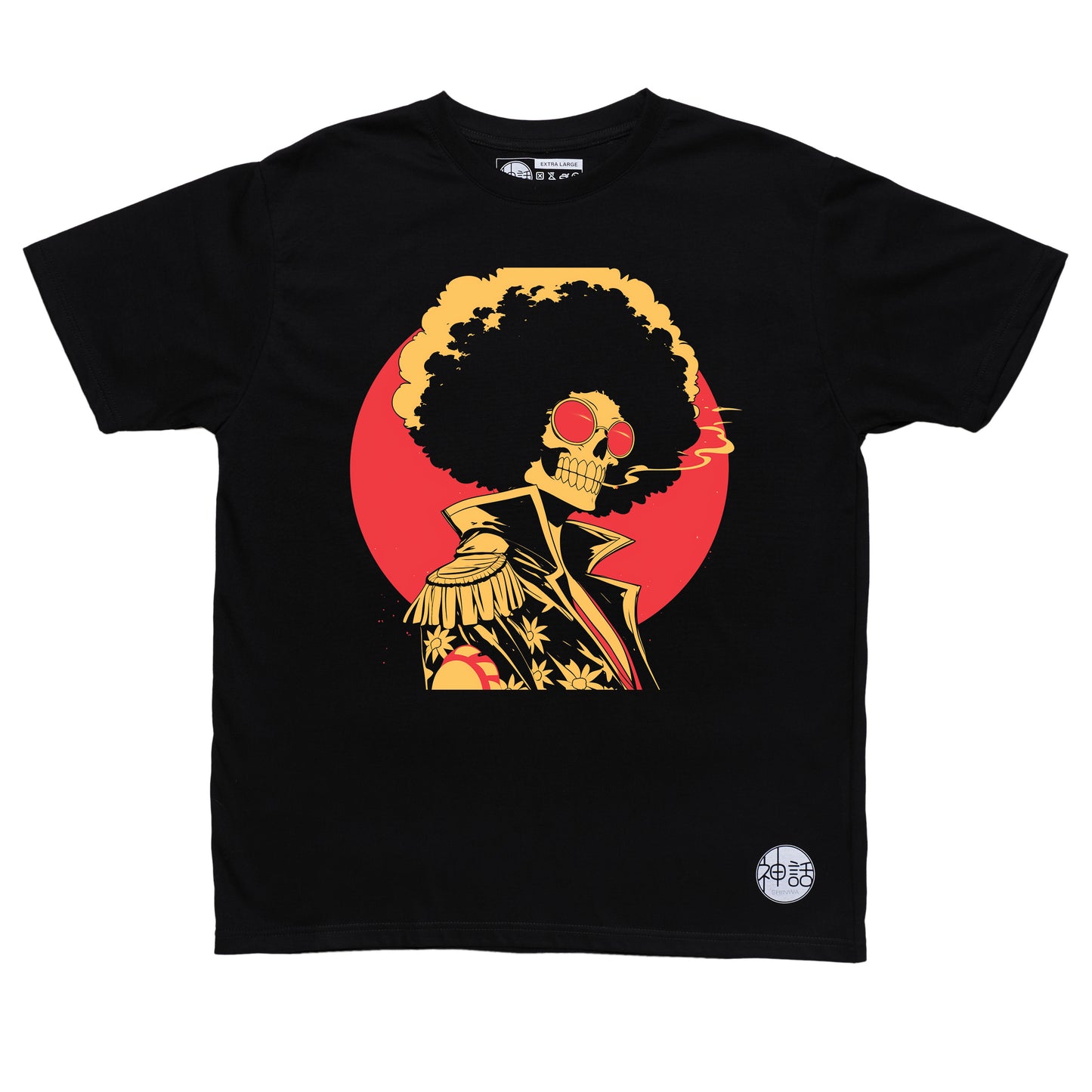 anime skeleton with afro in elvis costume and sunglasses against red sun on black t-shirt by Shinwa, streetwear brand from the Philippines