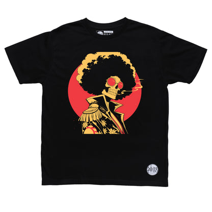 anime skeleton with afro in elvis costume and sunglasses against red sun on black t-shirt by Shinwa, streetwear brand from the Philippines