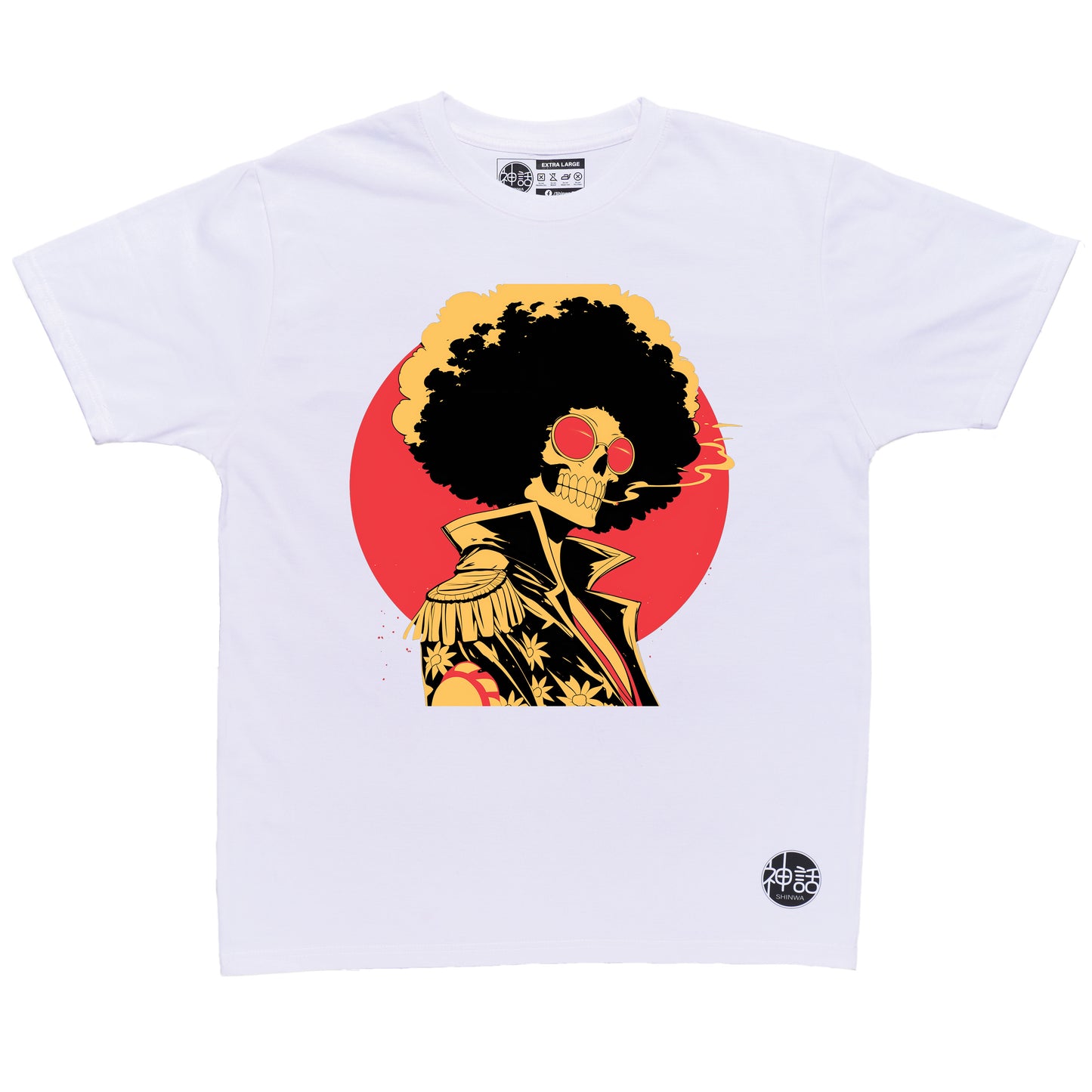 anime skeleton with afro in elvis costume and sunglasses against red sun on white t-shirt by Shinwa, streetwear brand from the Philippines