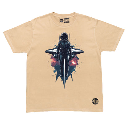 Lone astronaut standing in front of his spaceship surrounded by cosmic dust on beige t-shirt by Shinwa, streetwear brand from the Philippines