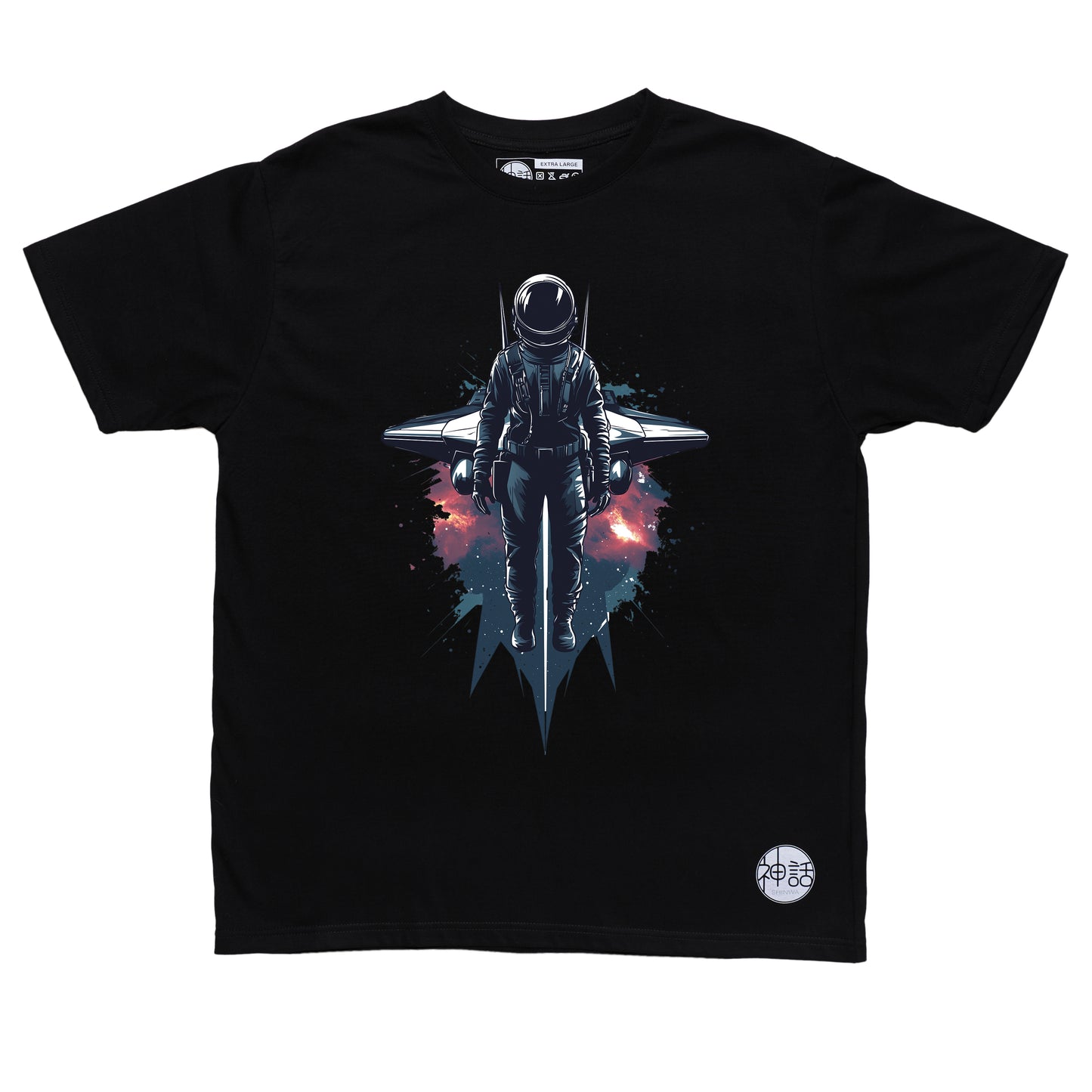 Lone astronaut standing in front of his spaceship surrounded by cosmic dust on black t-shirt by Shinwa, streetwear brand from the Philippines