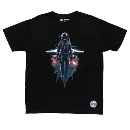 Lone astronaut standing in front of his spaceship surrounded by cosmic dust on black t-shirt by Shinwa, streetwear brand from the Philippines