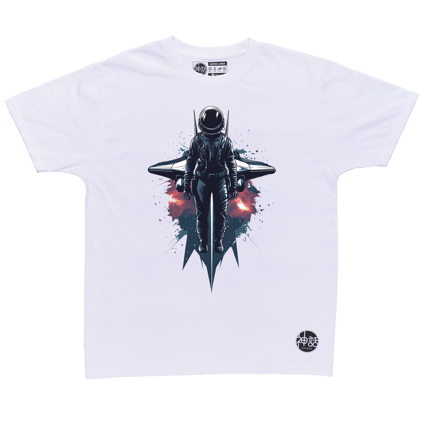 Lone astronaut standing in front of his spaceship surrounded by cosmic dust on white t-shirt by Shinwa, streetwear brand from the Philippines