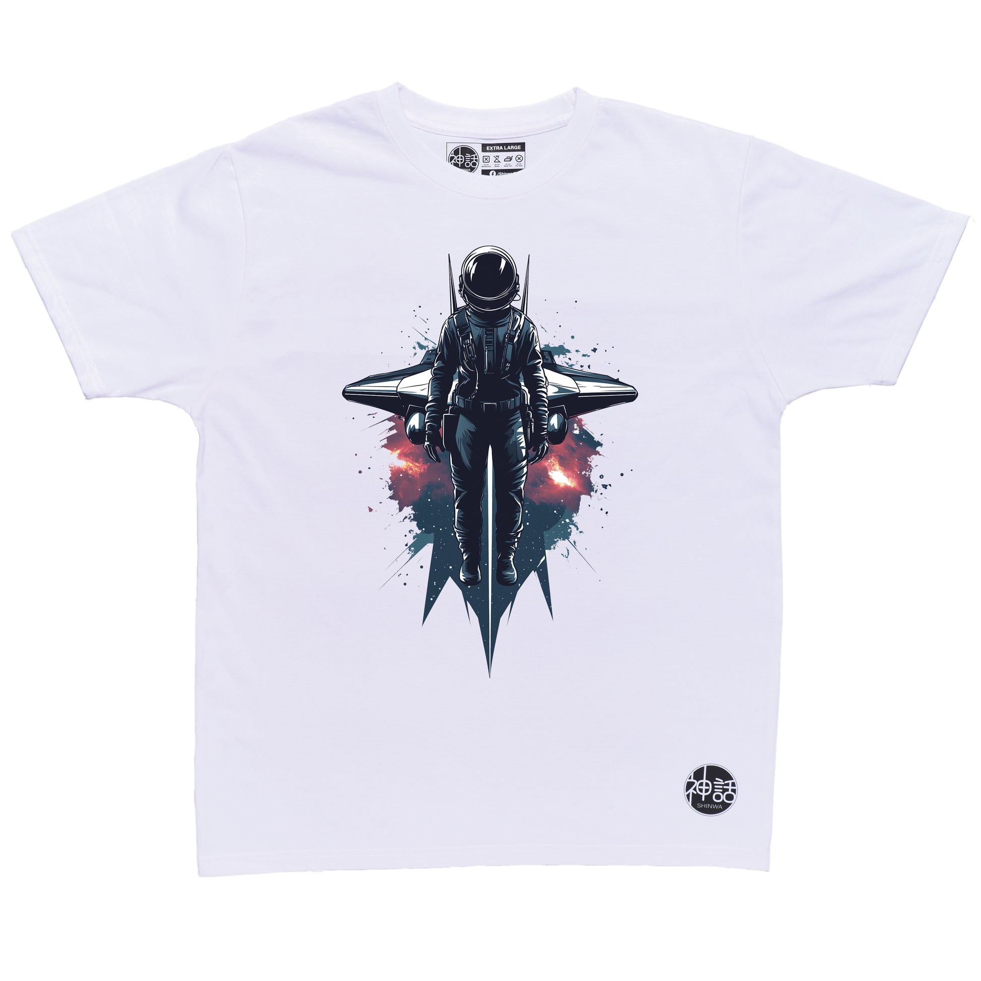 Lone astronaut standing in front of his spaceship surrounded by cosmic dust on white t-shirt by Shinwa, streetwear brand from the Philippines