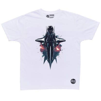 Lone astronaut standing in front of his spaceship surrounded by cosmic dust on white t-shirt by Shinwa, streetwear brand from the Philippines