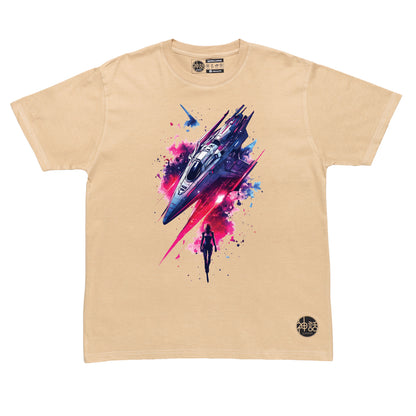 Lone astronaut standing in front of his spaceship surrounded by cosmic dust on beige t-shirt by Shinwa, streetwear brand from the Philippines
