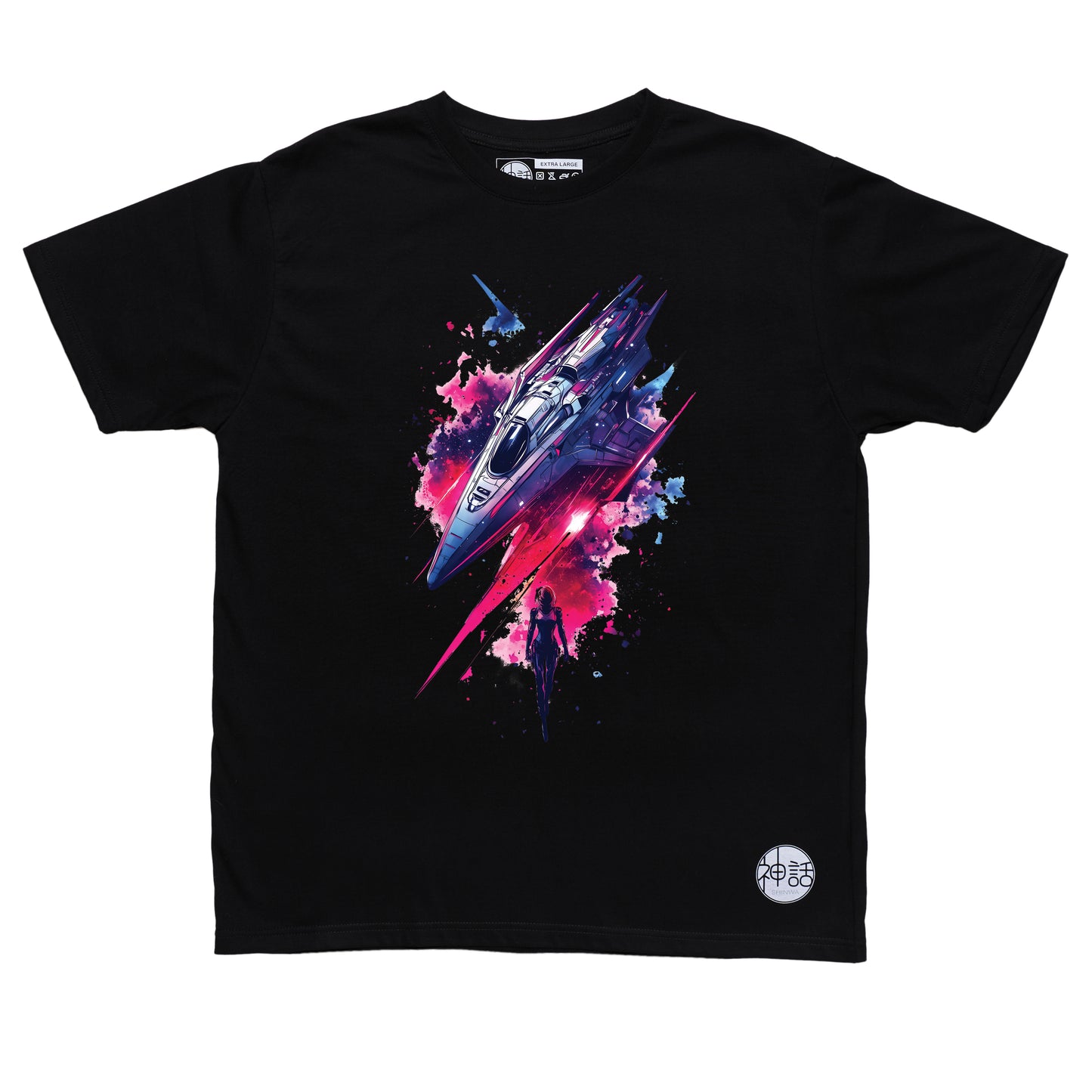 Lone astronaut standing in front of his spaceship surrounded by cosmic dust on black t-shirt by Shinwa, streetwear brand from the Philippines