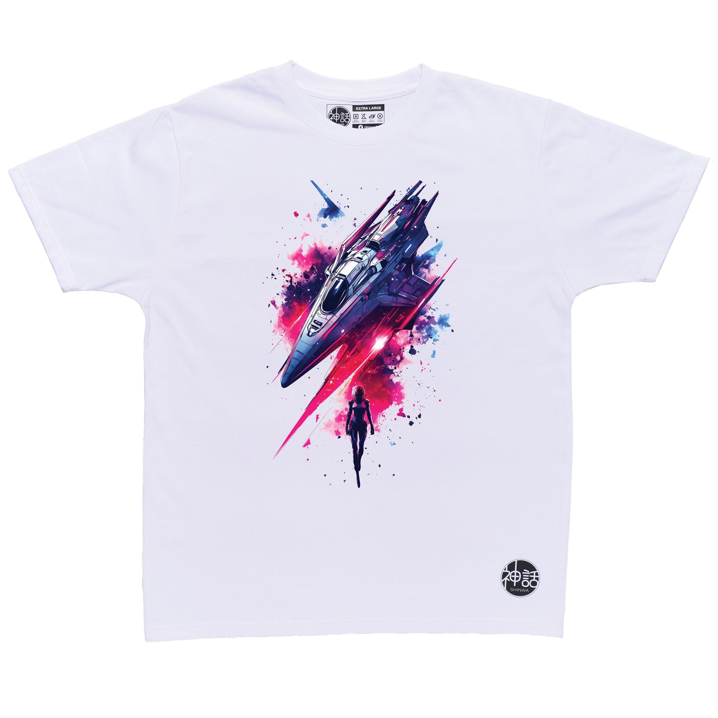 Lone astronaut standing in front of his spaceship surrounded by cosmic dust on white t-shirt by Shinwa, streetwear brand from the Philippines