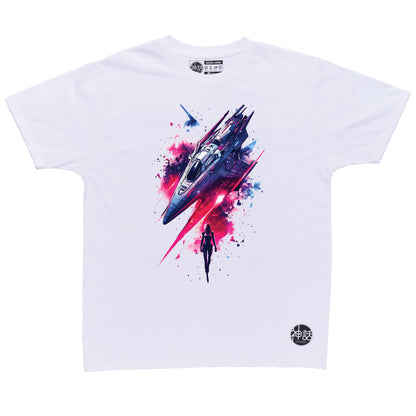 Lone astronaut standing in front of his spaceship surrounded by cosmic dust on white t-shirt by Shinwa, streetwear brand from the Philippines