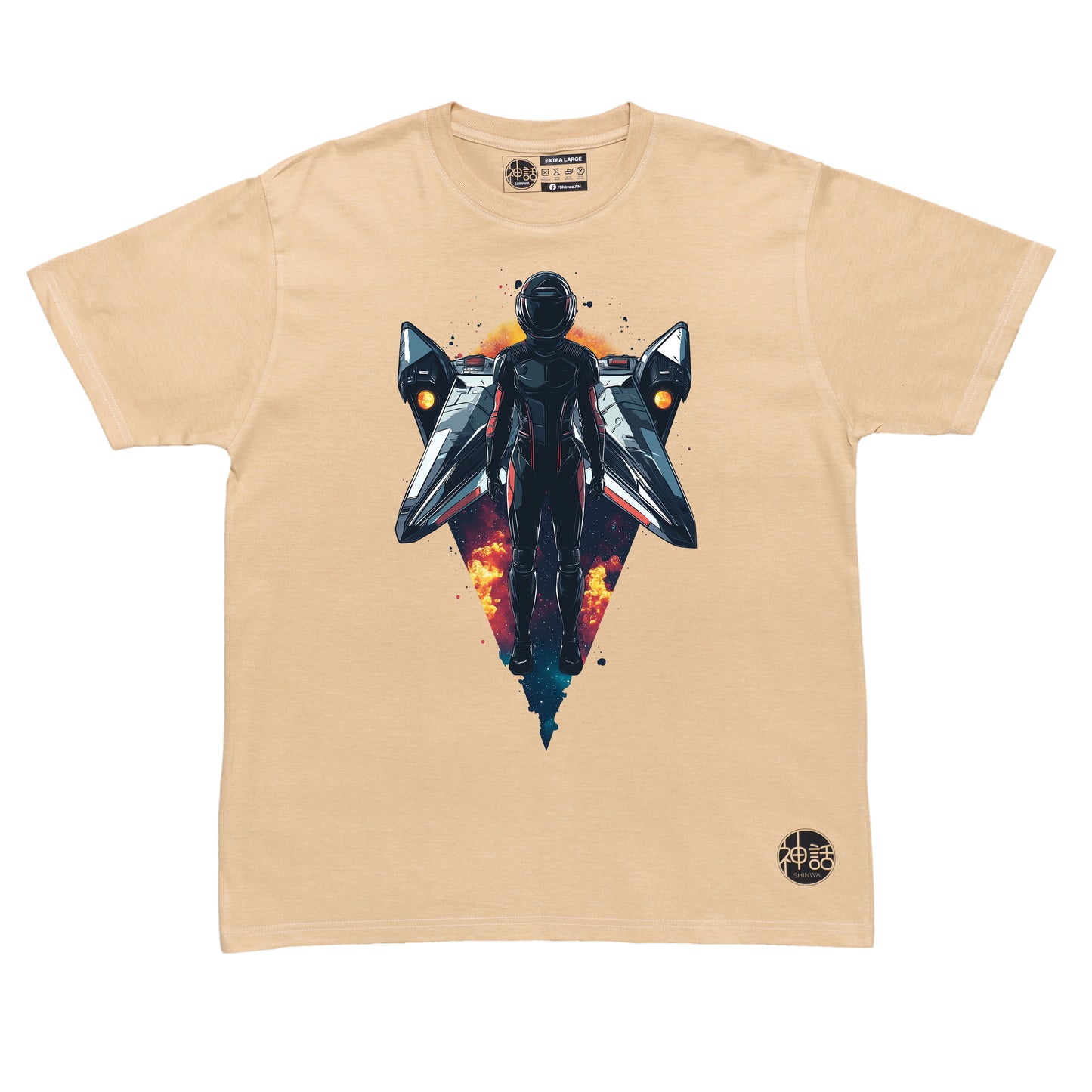 astronaut standing in front of his space ship in beige t shirt by Shinwa, streetwear brand from the Philippines