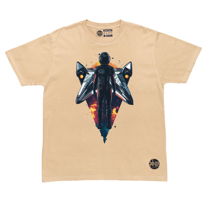 astronaut standing in front of his space ship in beige t shirt by Shinwa, streetwear brand from the Philippines
