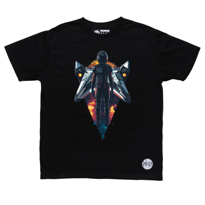 astronaut standing in front of his space ship in black t shirt by Shinwa, streetwear brand from the Philippines