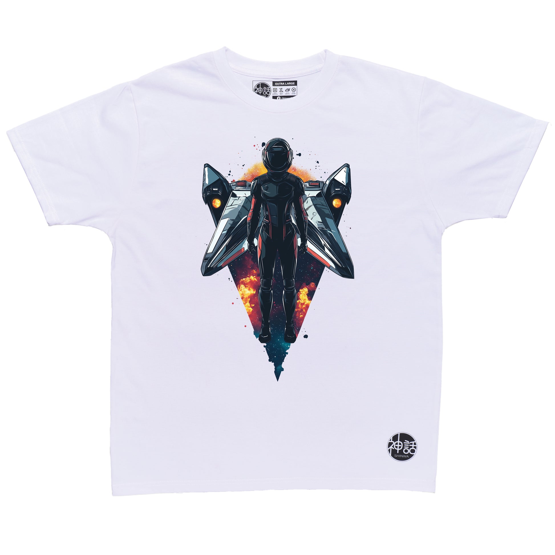 astronaut standing in front of his space ship in white t shirt by Shinwa, streetwear brand from the Philippines