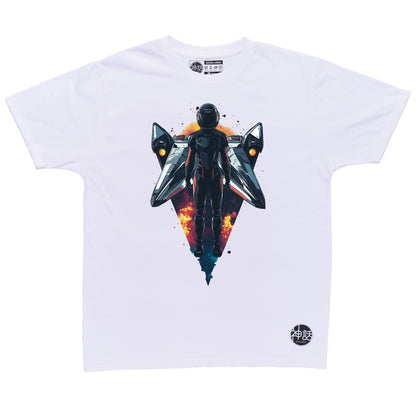 astronaut standing in front of his space ship in white t shirt by Shinwa, streetwear brand from the Philippines