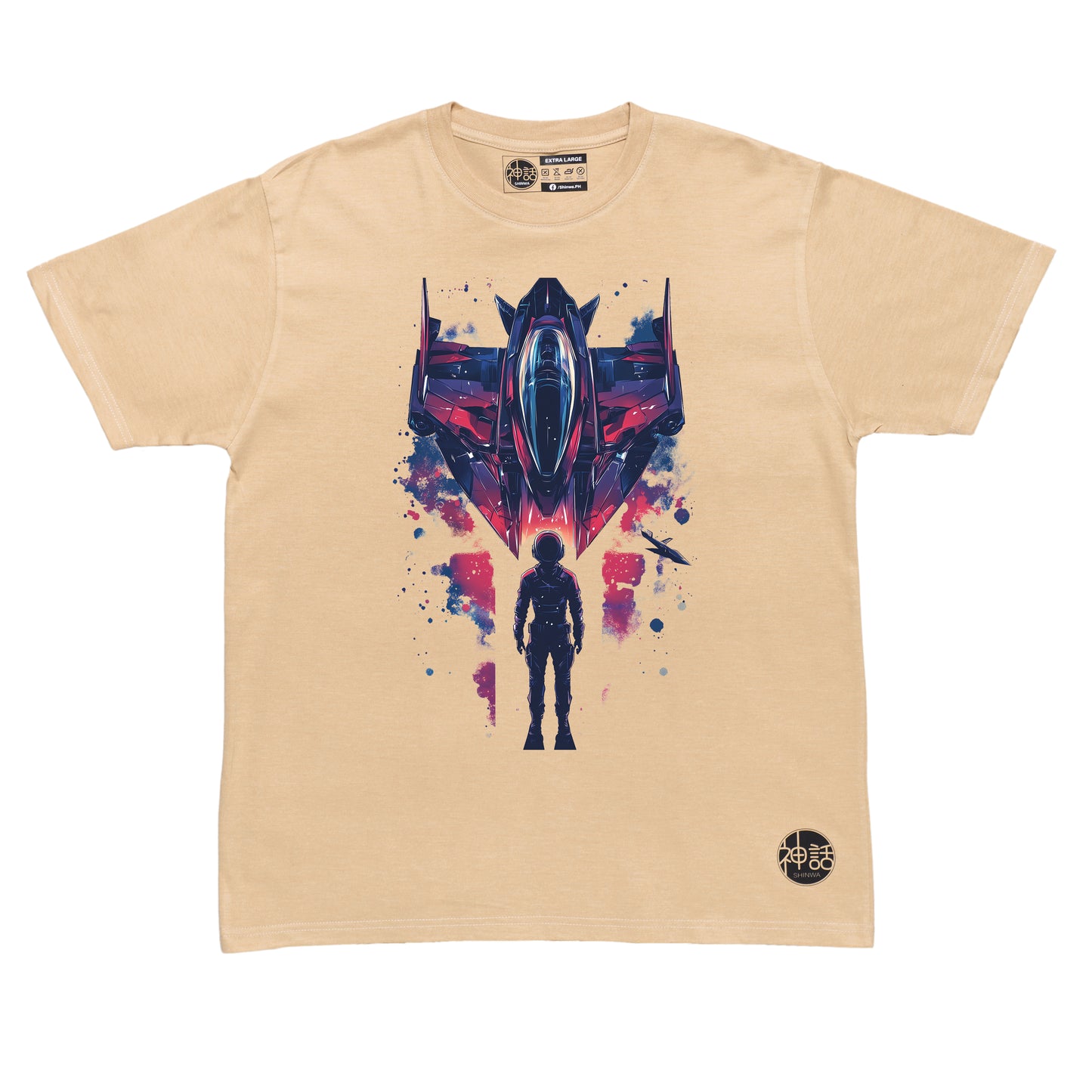 futuristic astronaut standing in front of rocket ship on beige t-shirt by Shinwa, streetwear brand from the Philippines