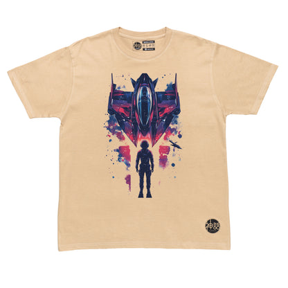 futuristic astronaut standing in front of rocket ship on beige t-shirt by Shinwa, streetwear brand from the Philippines