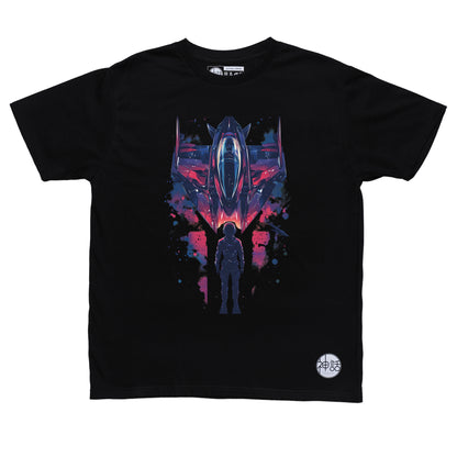 futuristic astronaut standing in front of rocket ship on black t-shirt by Shinwa, streetwear brand from the Philippines
