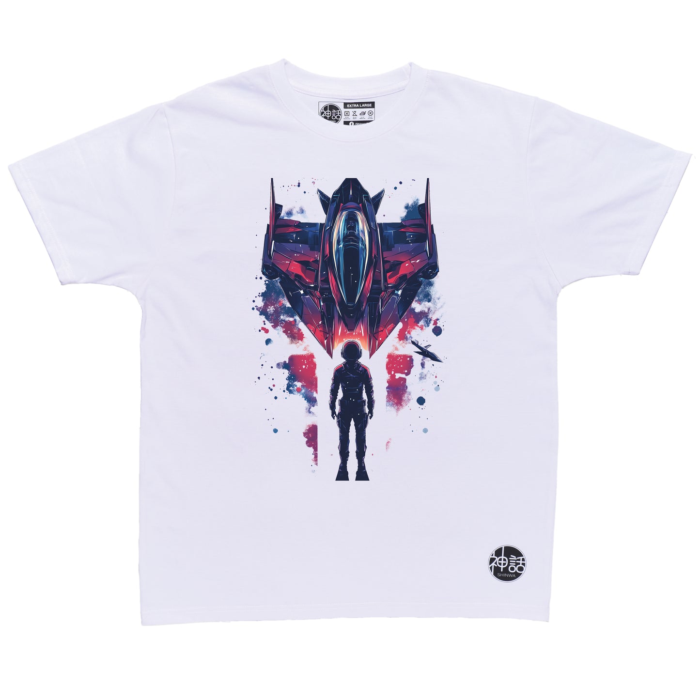 futuristic astronaut standing in front of rocket ship on white t-shirt by Shinwa, streetwear brand from the Philippines