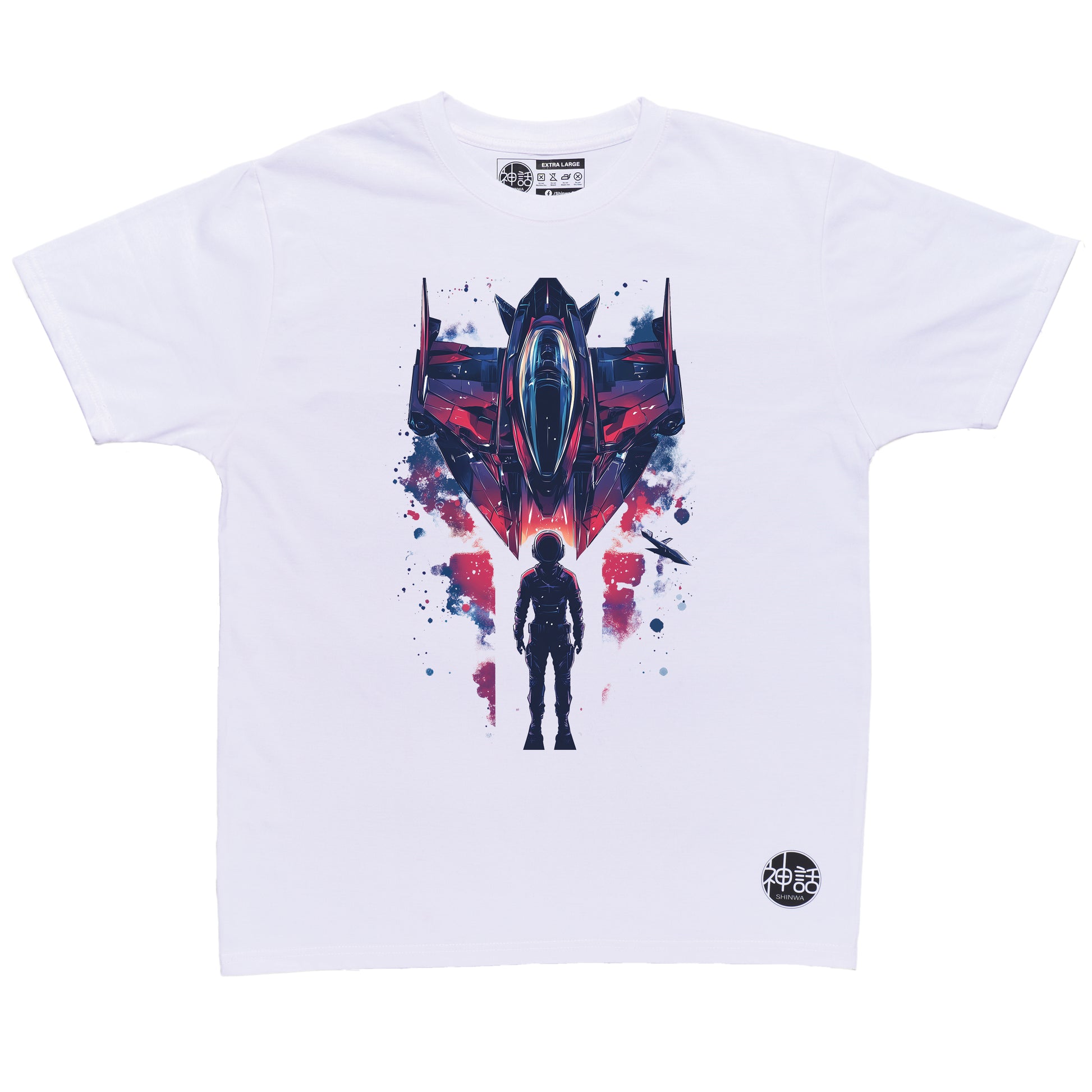 futuristic astronaut standing in front of rocket ship on white t-shirt by Shinwa, streetwear brand from the Philippines