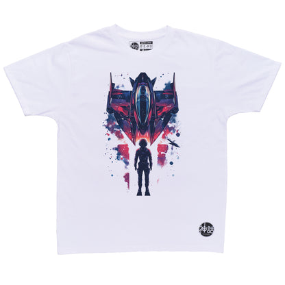 futuristic astronaut standing in front of rocket ship on white t-shirt by Shinwa, streetwear brand from the Philippines