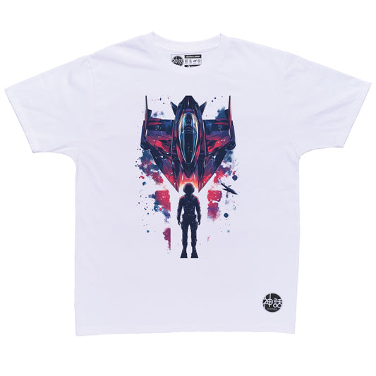 futuristic astronaut standing in front of rocket ship on white t-shirt by Shinwa, streetwear brand from the Philippines