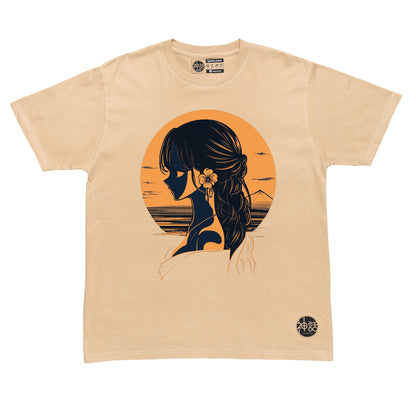orange-haired anime girl in off-shoulder dress with flower in ear looking away at sunset over calm sea on beige t-shirt by Shinwa, streetwear brand from the Philippines
