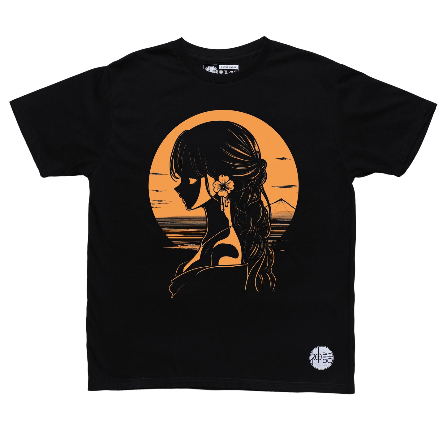 orange-haired anime girl in off-shoulder dress with flower in ear looking away at sunset over calm sea on black t-shirt by Shinwa, streetwear brand from the Philippines