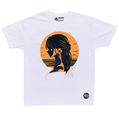 orange-haired anime girl in off-shoulder dress with flower in ear looking away at sunset over calm sea on white t-shirt by Shinwa, streetwear brand from the Philippines